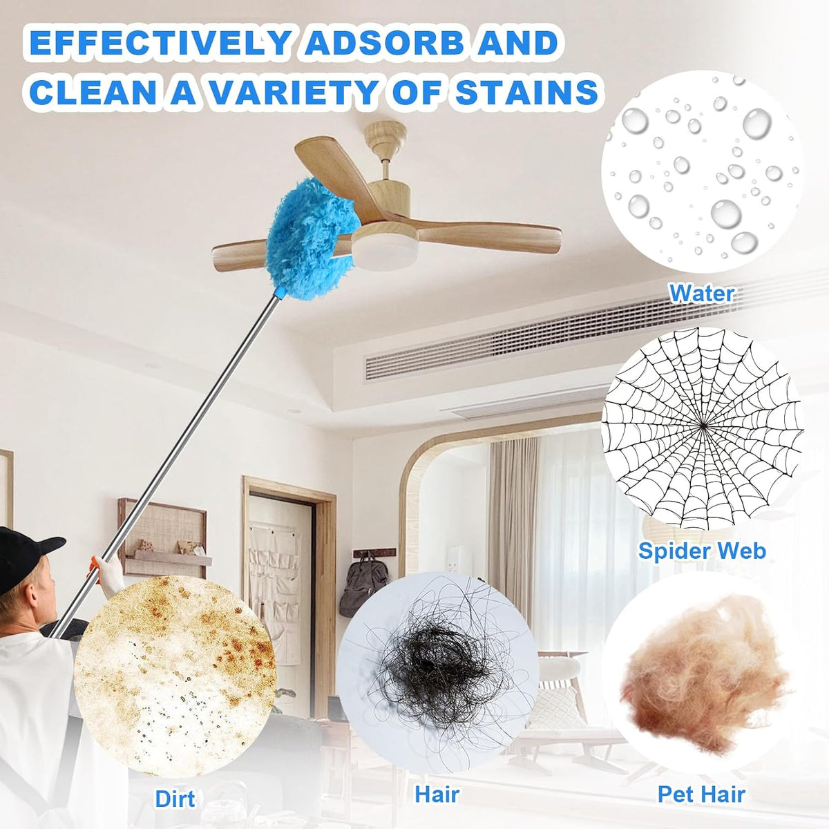 Ceiling Fan Cleaner Duster, Adjustable Microfiber Duster, 2 Dusters Blue