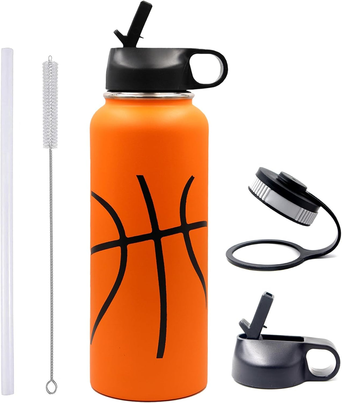 40 Oz Basketball Water Bottle, Stainless Steel Vacuum Insulated Water Bottle with Straw and 2 Lids, Wide Mouth BPA Free Double Wall Leak Proof Flask for Sports, Travel, Gym, School