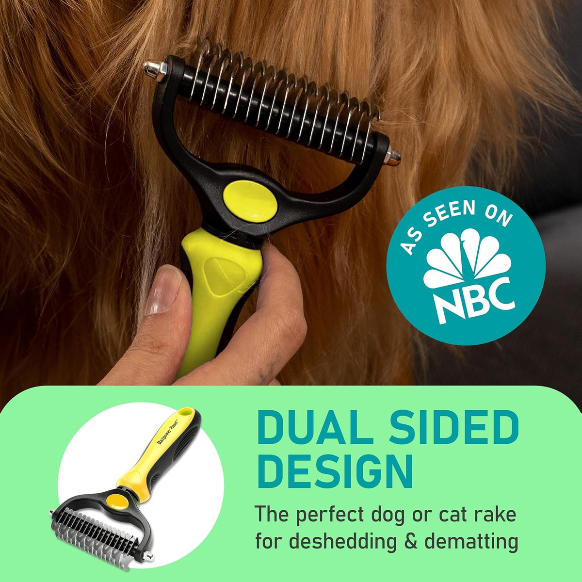 Pet Grooming Brush - Double Sided Shedding, Dematting Undercoat Rake for Dogs and Cats - Extra Wide Dog Grooming Brush - Yellow