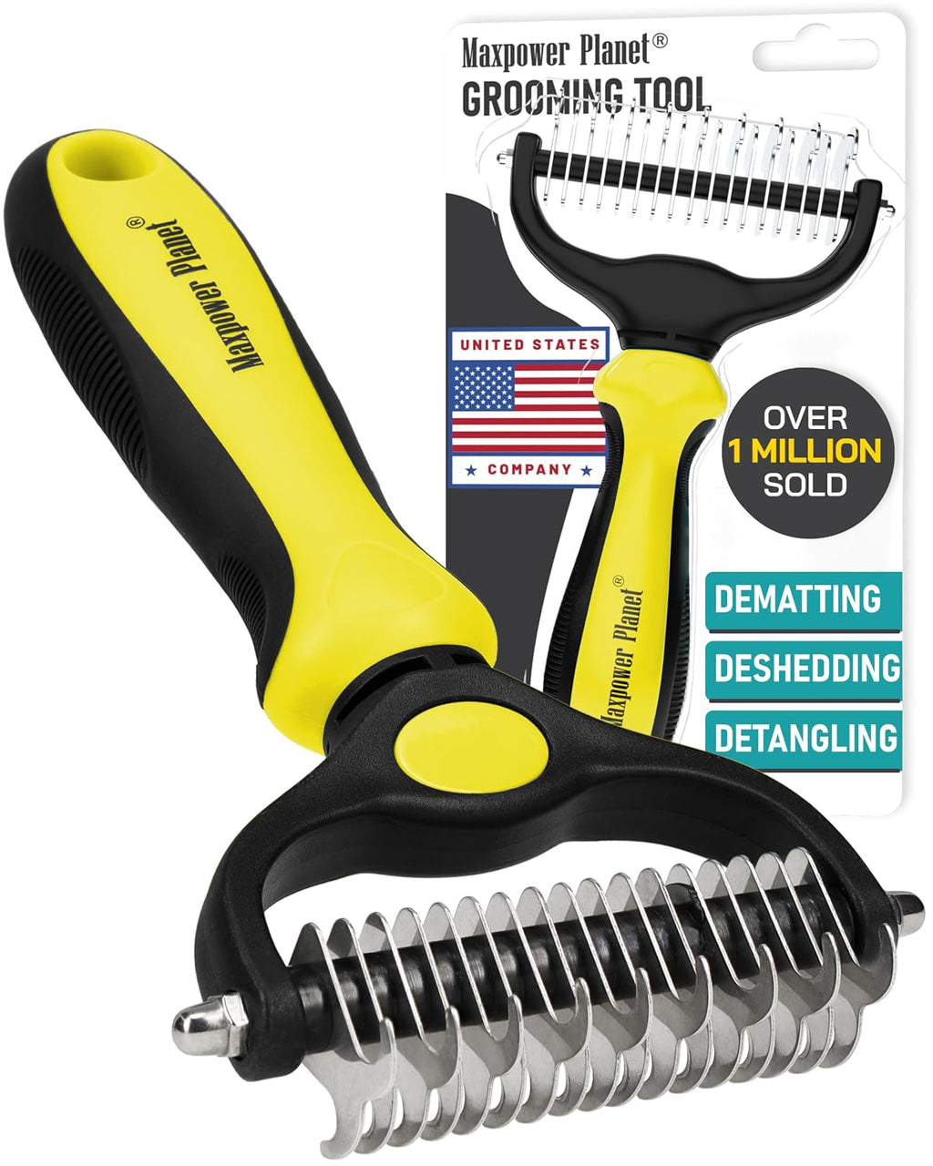 Pet Grooming Brush - Double Sided Shedding, Dematting Undercoat Rake for Dogs and Cats - Extra Wide Dog Grooming Brush - Yellow