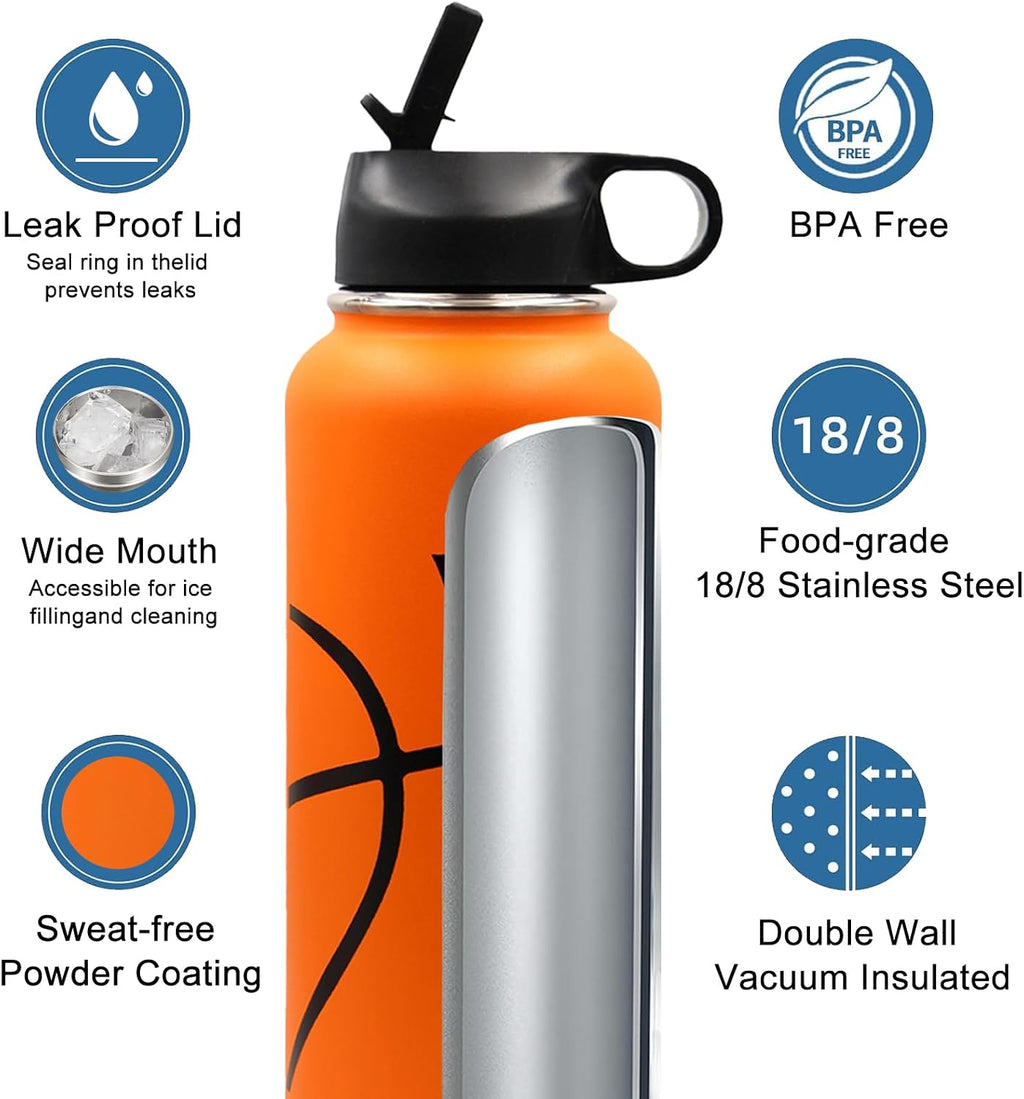 40 Oz Basketball Water Bottle, Stainless Steel Vacuum Insulated Water Bottle with Straw and 2 Lids, Wide Mouth BPA Free Double Wall Leak Proof Flask for Sports, Travel, Gym, School