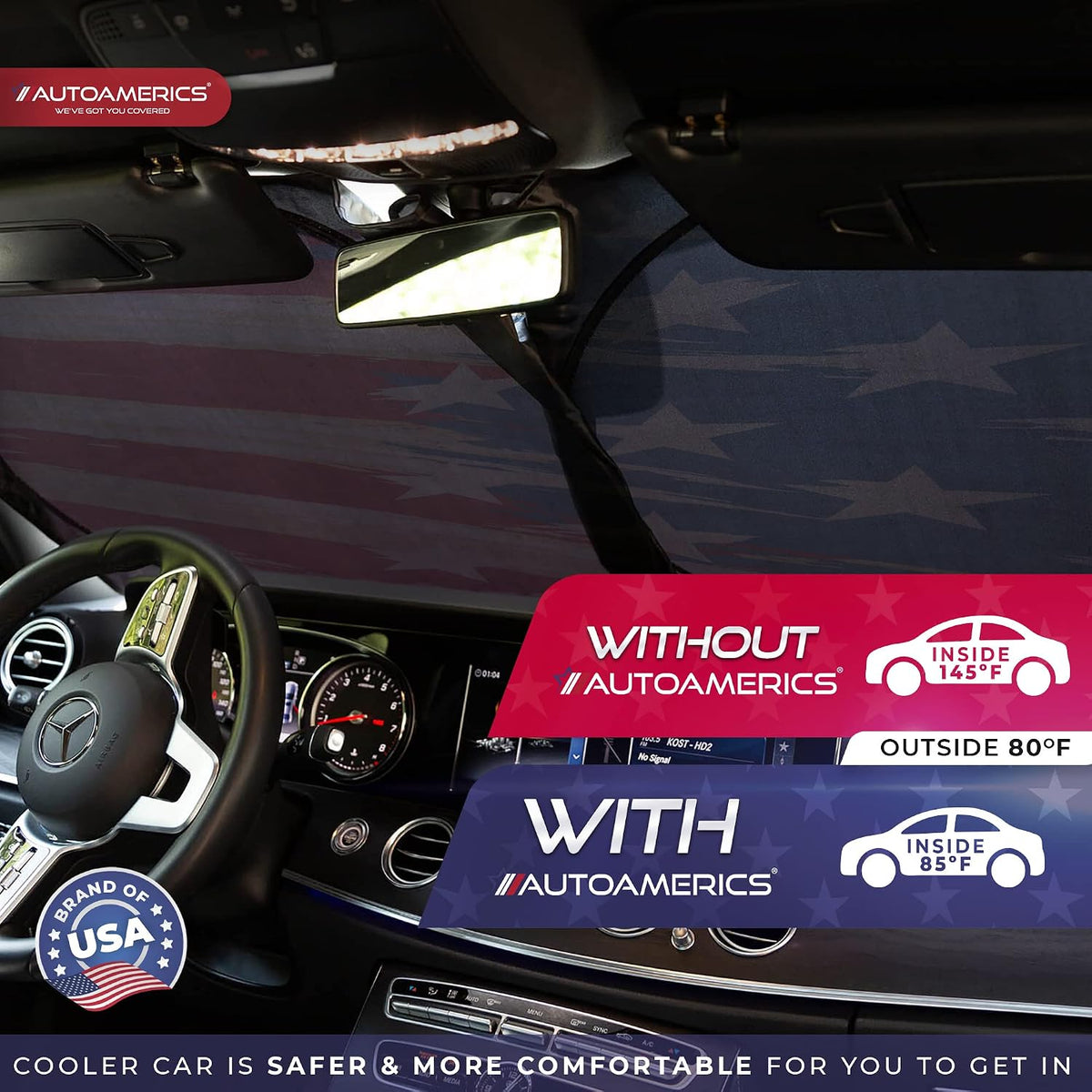 1-Piece Windshield Sun Shade USA Art Flag - 1 American Design - Foldable Car Front Window Sunshade for Most Sedans SUV Truck - Blocks Max UV Rays and Keeps Your Vehicle Cool - Large
