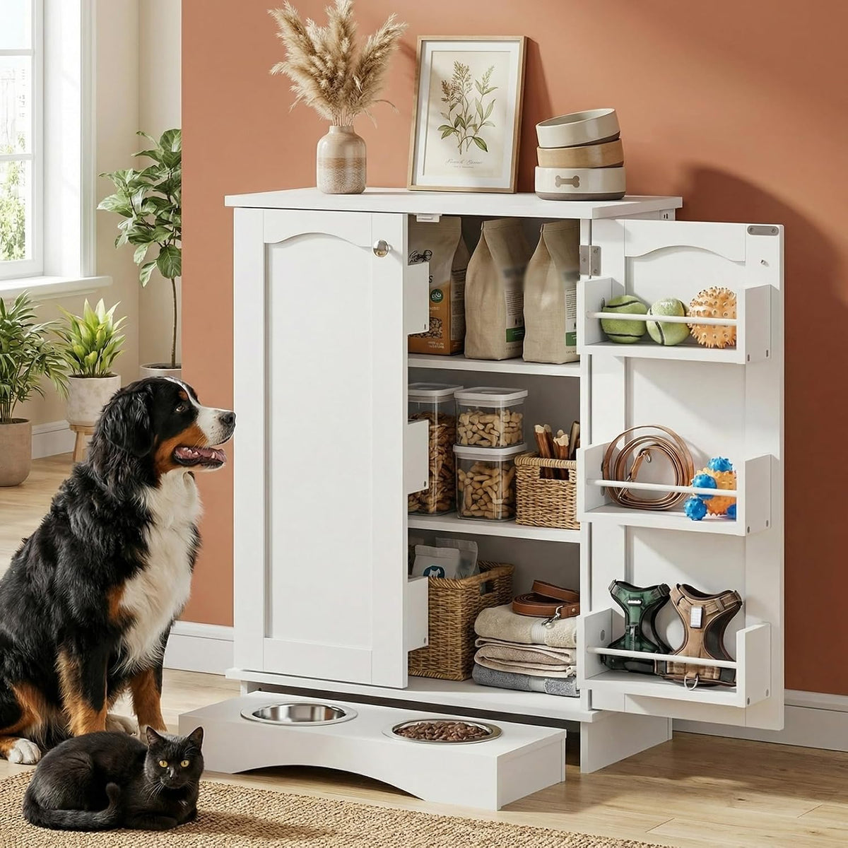 Dog Storage Cabinet with Bowls, Pet Food Storage Cabinet with Adjustable Shelves, Hidden Dog Feeding Station with Hooks, Letter Stickers, Pet Storage Organizer for Cats and Dogs