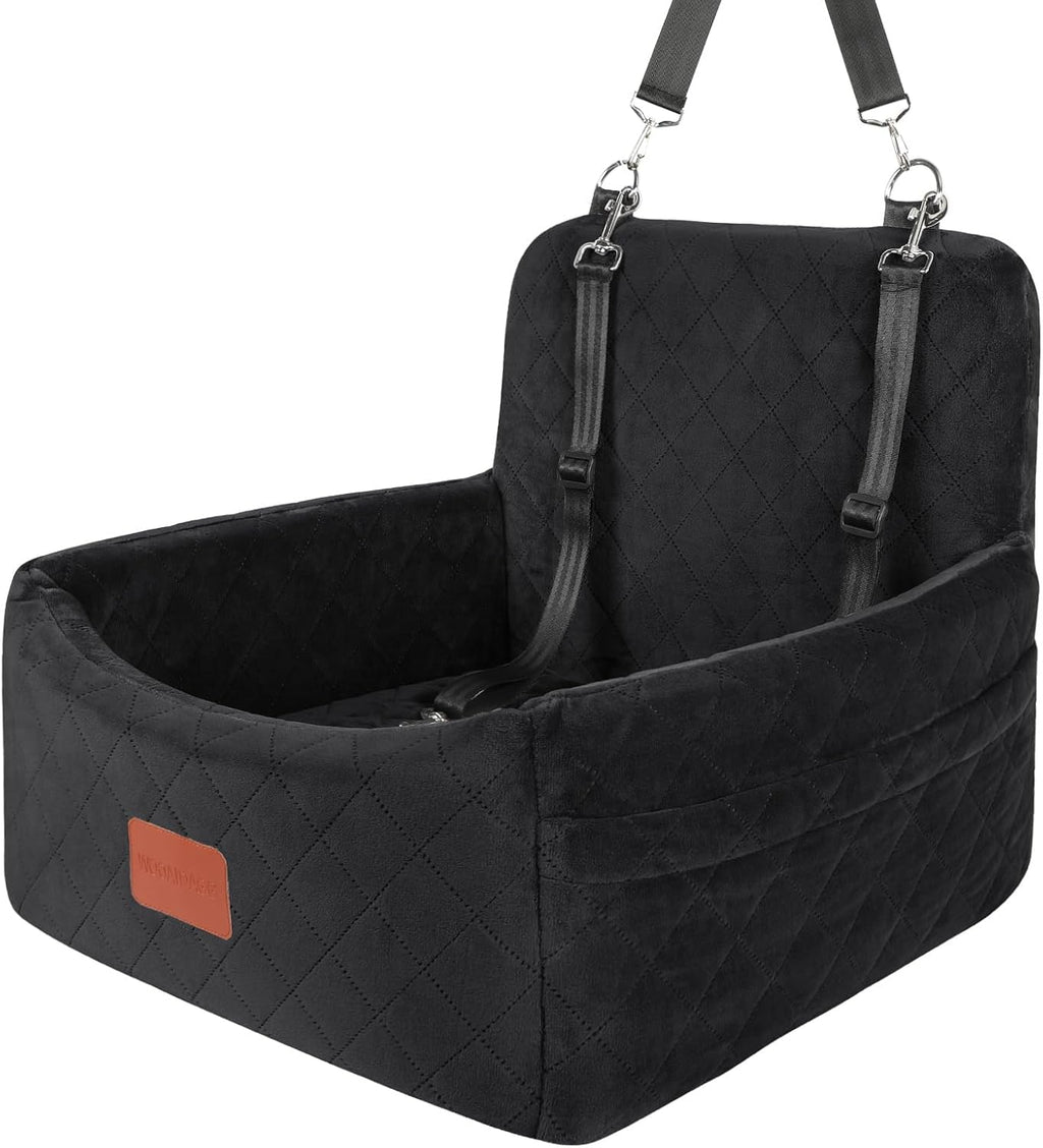 Dog Car Seat for Small Dogs under 30Lbs, Washable Pet Travel Car Bed with Memory Foam,Fully Detachable Cover,2 Storage Pockets & Safety Leash,Non-Slip Bottom(Black)