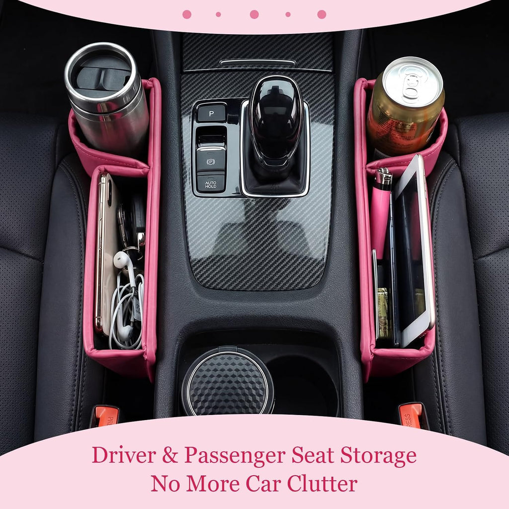 2 Pack Pink Car Seat Gap Filler Organizer with Cup Holder and Storage Leather Car Organizer for Keys Cards Phone Sunglasses and Small Items