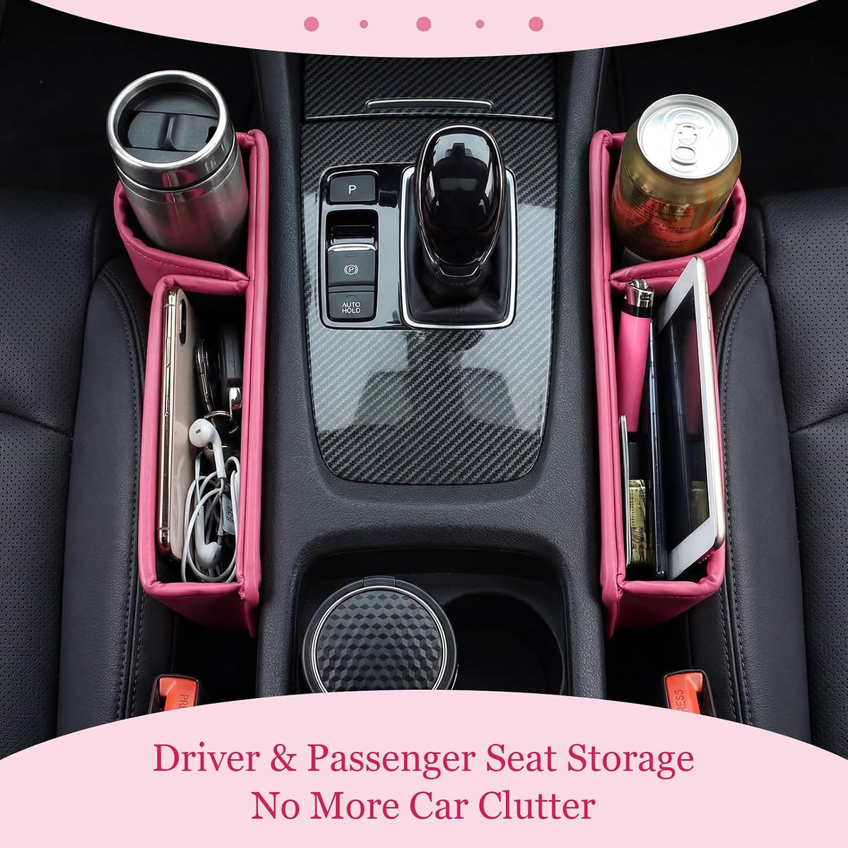 2 Pack Pink Car Seat Gap Filler Organizer with Cup Holder and Storage Leather Car Organizer for Keys Cards Phone Sunglasses and Small Items
