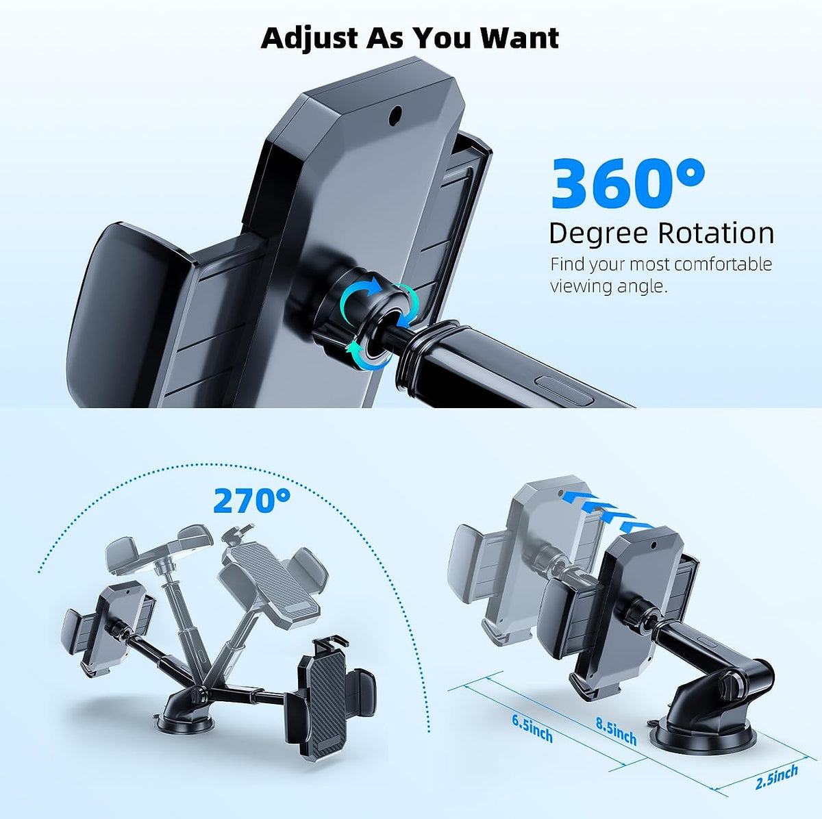 Phone Mount for Car, [ Off-Road Level Suction Cup Protection ] 3In1 Long Arm Suction Cup Holder Universal Cell Phone Holder Mount Dashboard Windshield Vent Compatible with All Smartphones