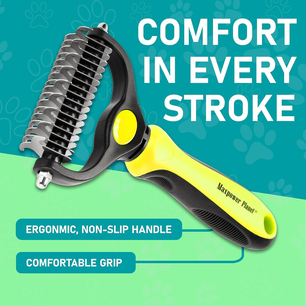 Pet Grooming Brush - Double Sided Shedding, Dematting Undercoat Rake for Dogs and Cats - Extra Wide Dog Grooming Brush - Yellow