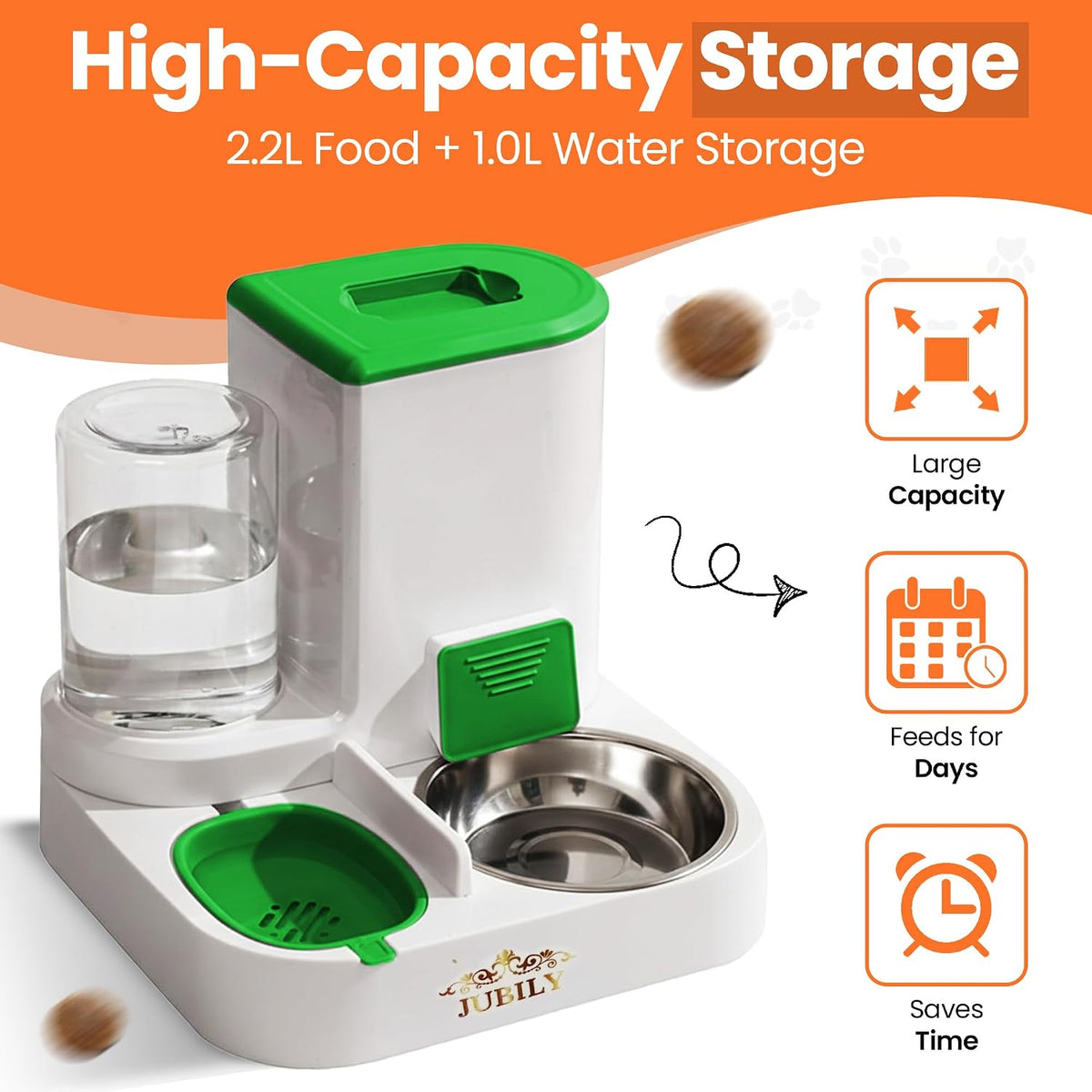 Automatic Cat Feeder & Water Dispenser – Gravity Cat Feeding Station with Stainless Steel Bowl, 2.2L Food & 1L Water Capacity, Automatic Pet Feeder for Cats & Small Dogs (Green)