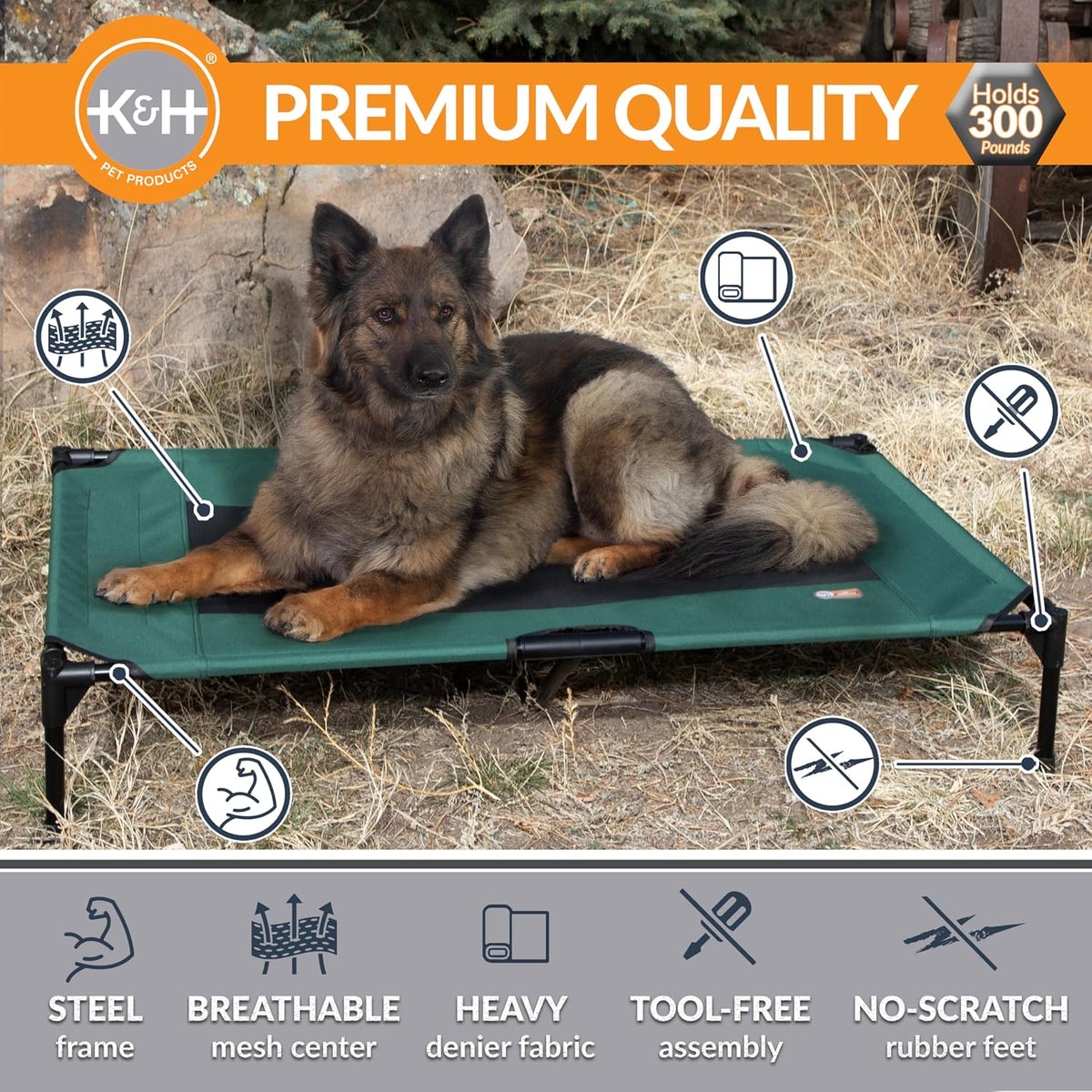 K&H Outdoor Elevated Dog Bed for Large & X-Large Pets, Green, XL 50X32In