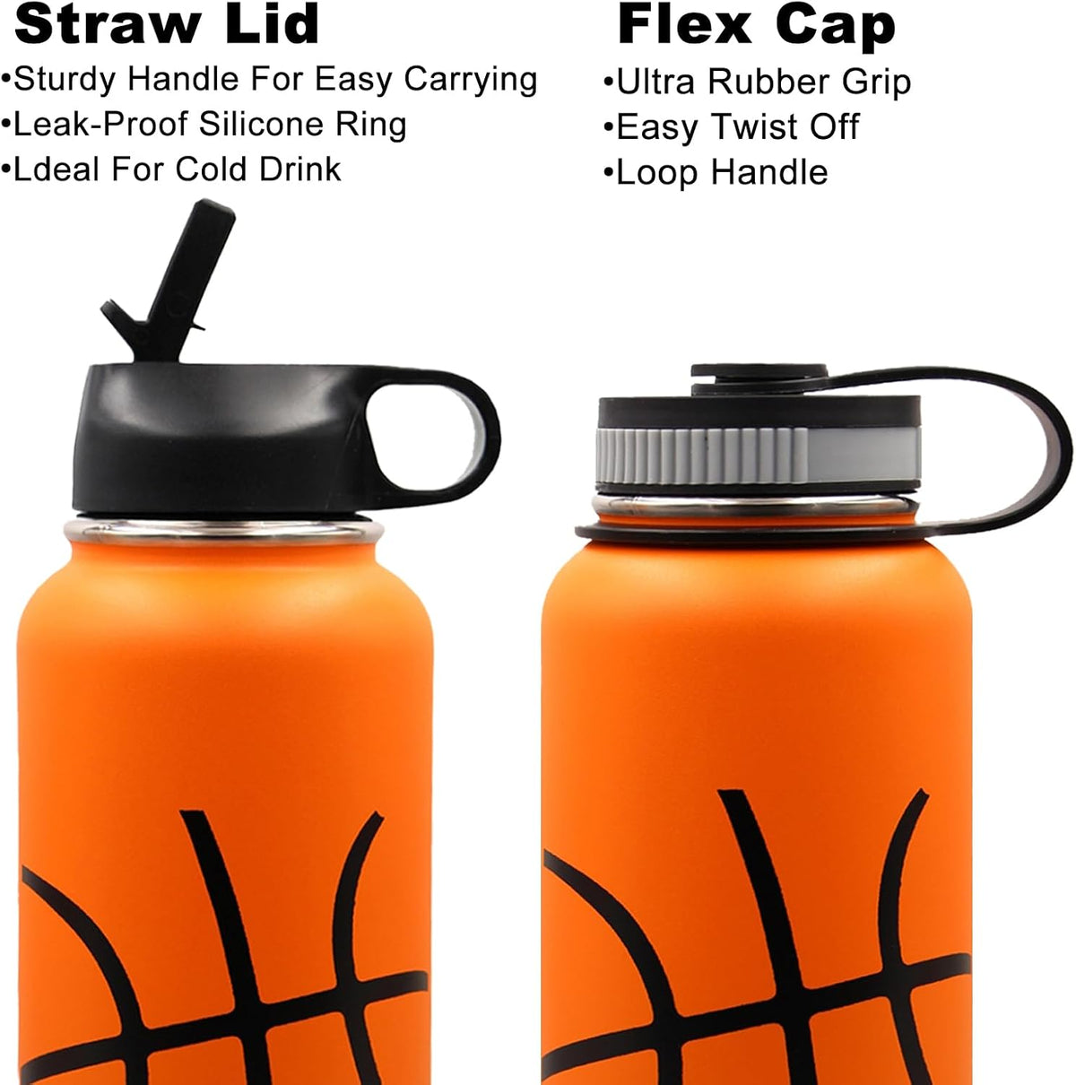 40 Oz Basketball Water Bottle, Stainless Steel Vacuum Insulated Water Bottle with Straw and 2 Lids, Wide Mouth BPA Free Double Wall Leak Proof Flask for Sports, Travel, Gym, School
