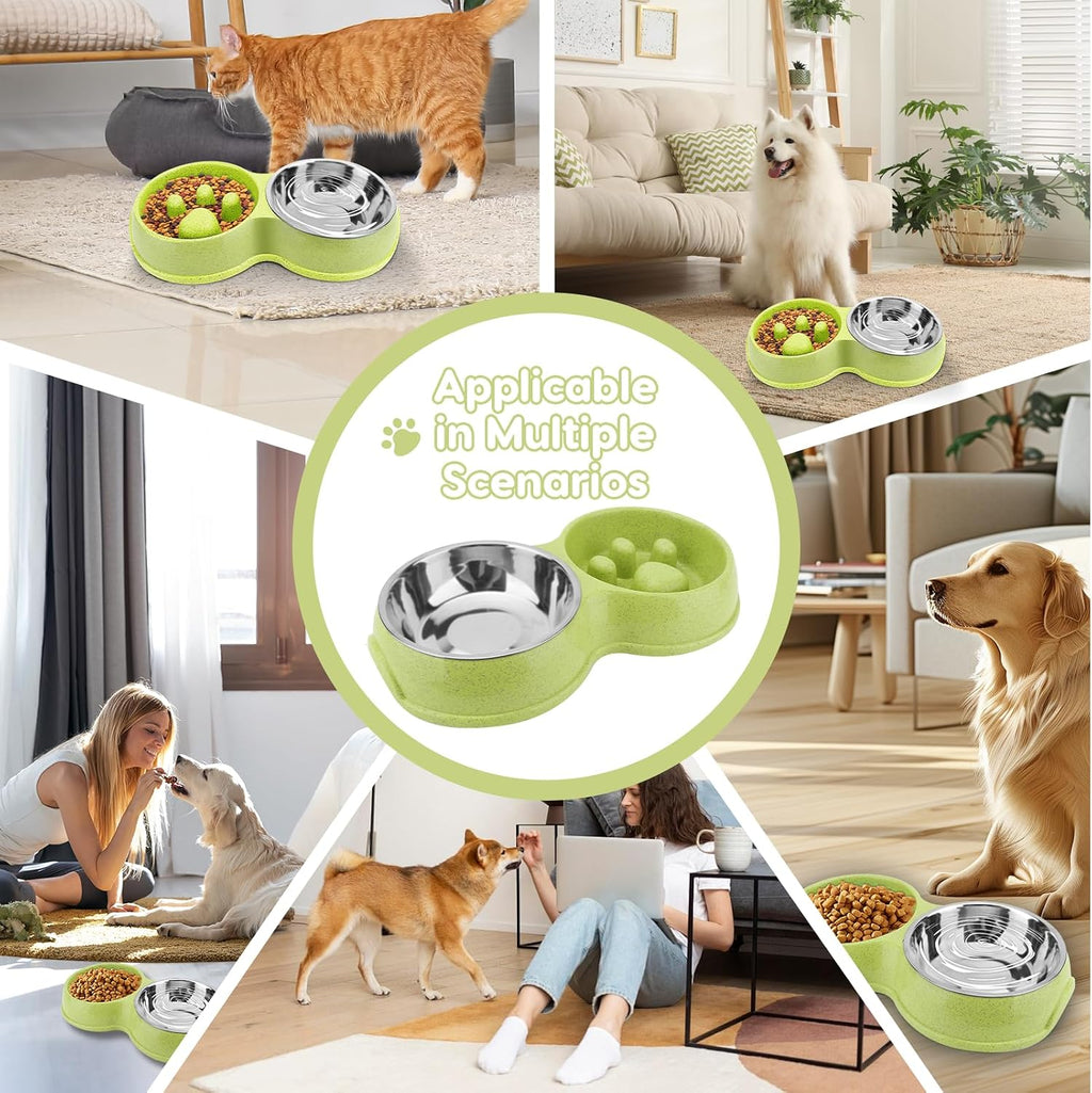 Pets Double Slow Feeder Bowls, Cats & Dogs Food Water Bowls, Stainless Steel Puppy Food and Water Dishes Non-Skid, Pet Feeding Bowl for Small Dogs Puppy Cat (Green)