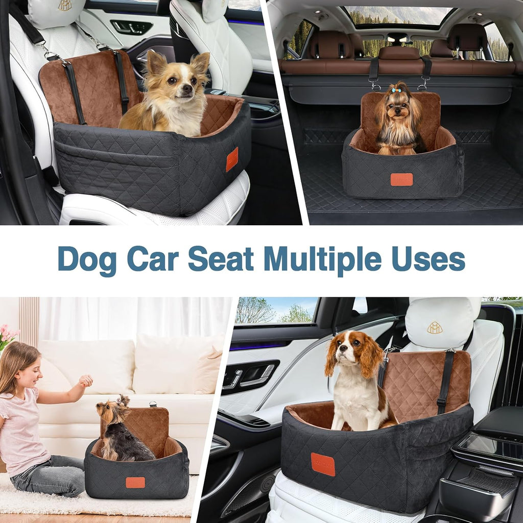 Dog Car Seat for Small Dogs under 30Lbs,Ultra Soft Fabric & Memory Foam Pet Travel Car Bed,Washable & Detachable,Anti-Slip Bottom,2 Storage Pockets and Safety Tethers(Black/Brown)
