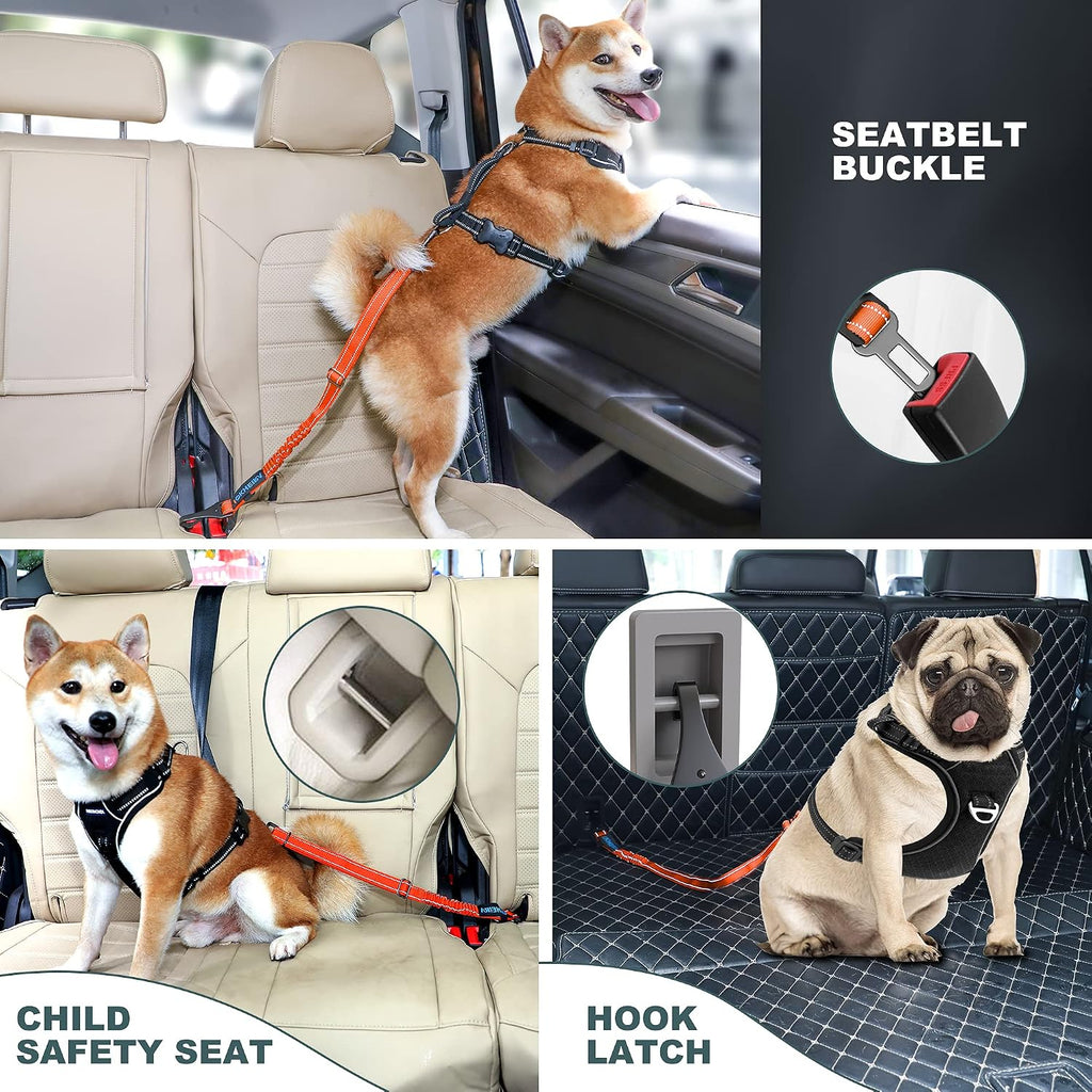 Dog Seat Belt 3-In-1 Car Harness for Dogs Adjustable Safety Seatbelt for Car Nylon Reflective Bungee Fabric Dog Car Harness with Clip Hook Latch & Buckle, Swivel Zinc Alloy Carabiner (Orange)