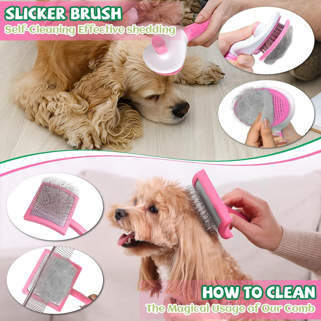 8PCS Dog Slicker Brush for Dogs Grooming Kit,Bath Grooming Kit for Pets,Hair Brush Set with Towel,Washing Gloves,Slicker Comb,And Shampoo Scrubber Brush for Small and Large Dogs and Cats Cats(Pink)