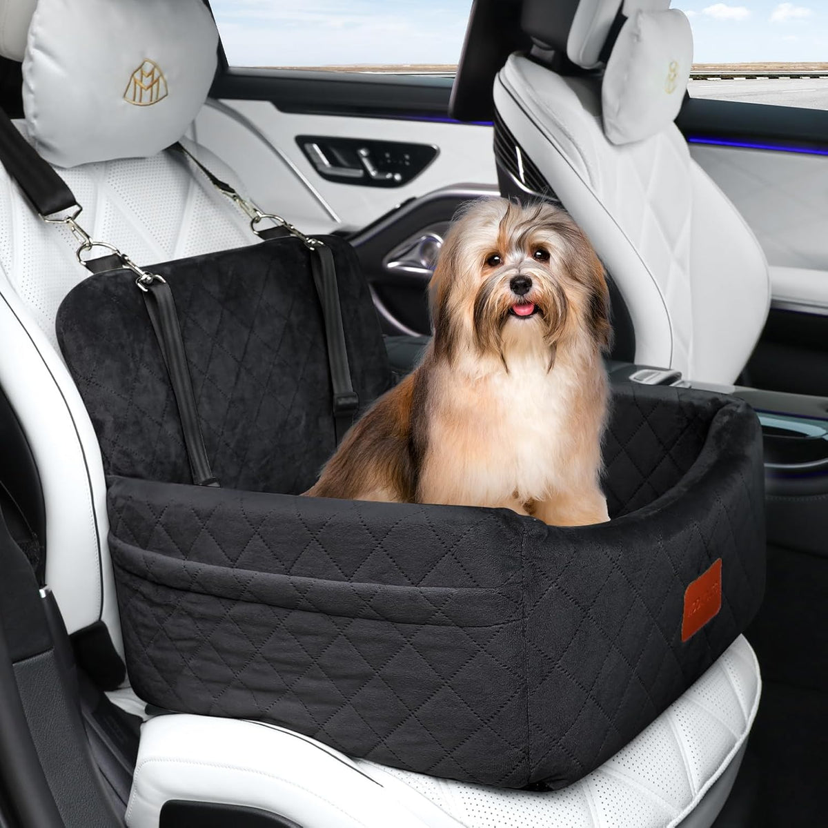 Dog Car Seat for Small Dogs under 30Lbs, Washable Pet Travel Car Bed with Memory Foam,Fully Detachable Cover,2 Storage Pockets & Safety Leash,Non-Slip Bottom(Black)