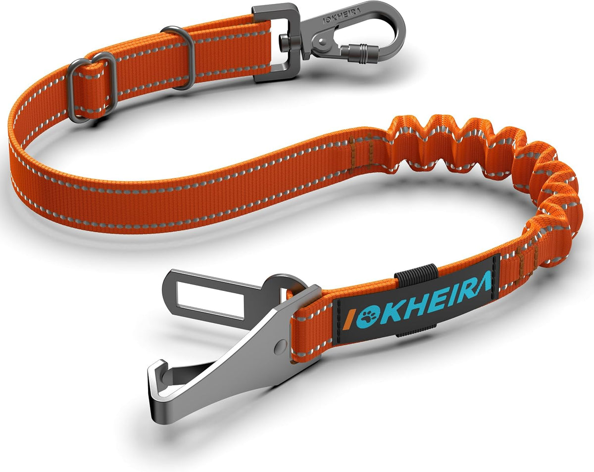 Dog Seat Belt 3-In-1 Car Harness for Dogs Adjustable Safety Seatbelt for Car Nylon Reflective Bungee Fabric Dog Car Harness with Clip Hook Latch & Buckle, Swivel Zinc Alloy Carabiner (Orange)