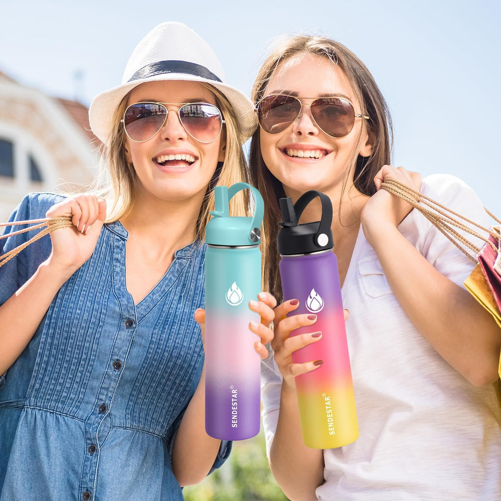 Stainless Steel Wide Mouth Water Bottle 32Oz Double Wall Vacuum Insulated Leak Proof Bottle with New Flex Straw Lid & Spout Lid