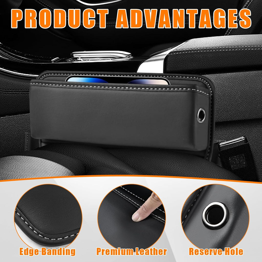 Car Seat Gap Organizer, Premium Leather Auto Seat Storage Box, Vehicle Adjustable Front Seat Gap Filler, Car Seat Side Pocket Organizer for Phones, Glasses, Keys, Money, Cards (Black)