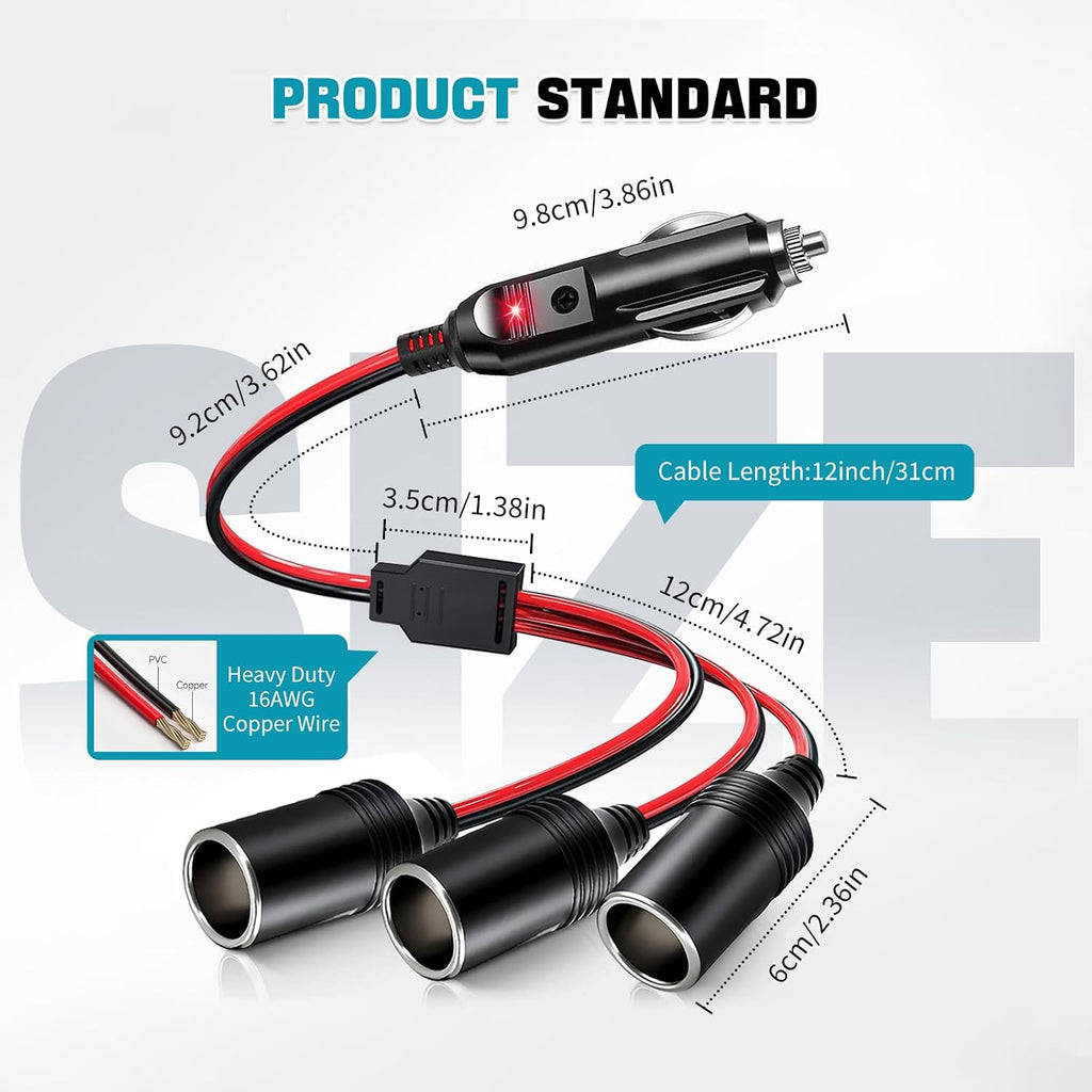 Car Cigarette Lighter Splitter, 12V Splitter,1 to 3 Socket,12V 24V Plug Adapter