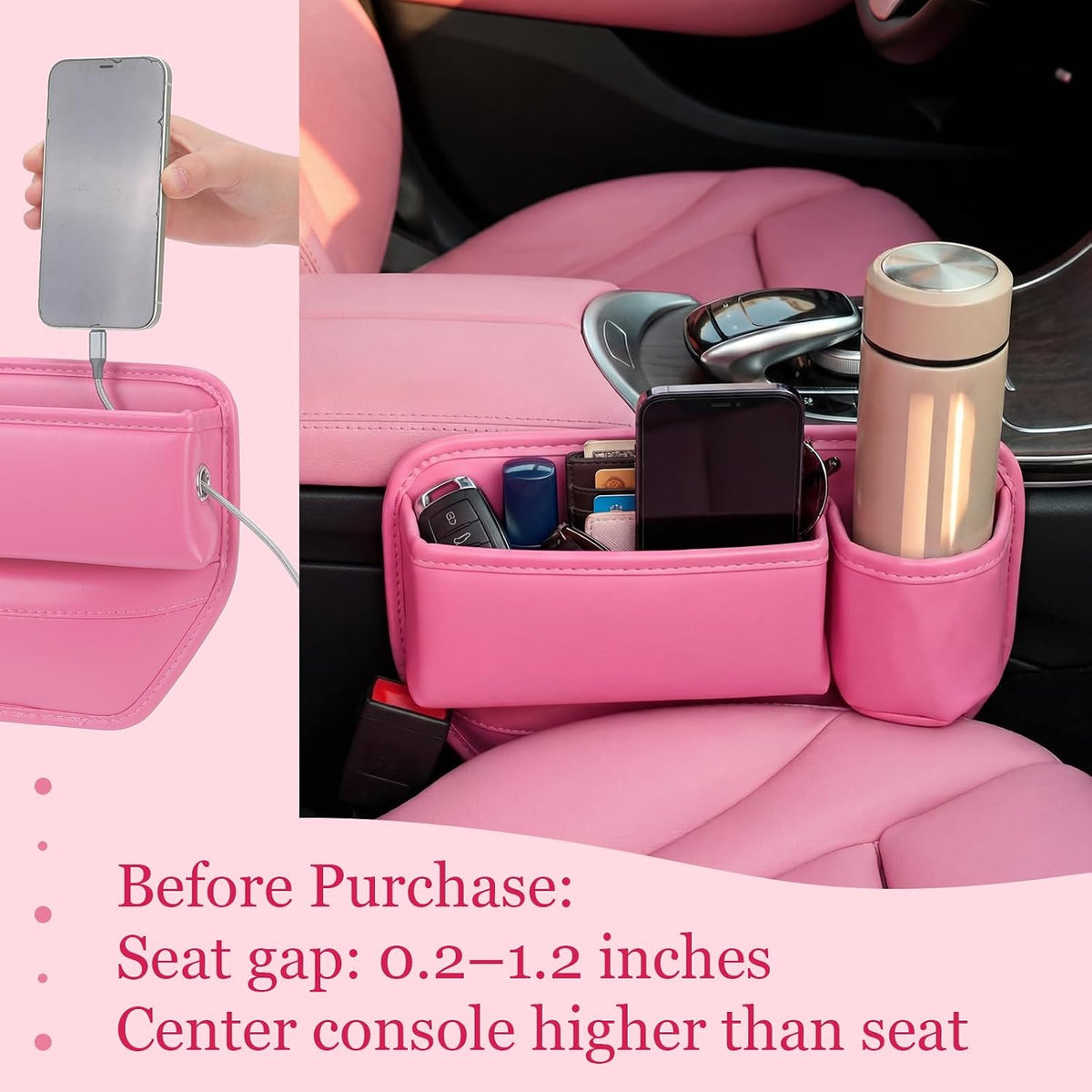 2 Pack Pink Car Seat Gap Filler Organizer with Cup Holder and Storage Leather Car Organizer for Keys Cards Phone Sunglasses and Small Items