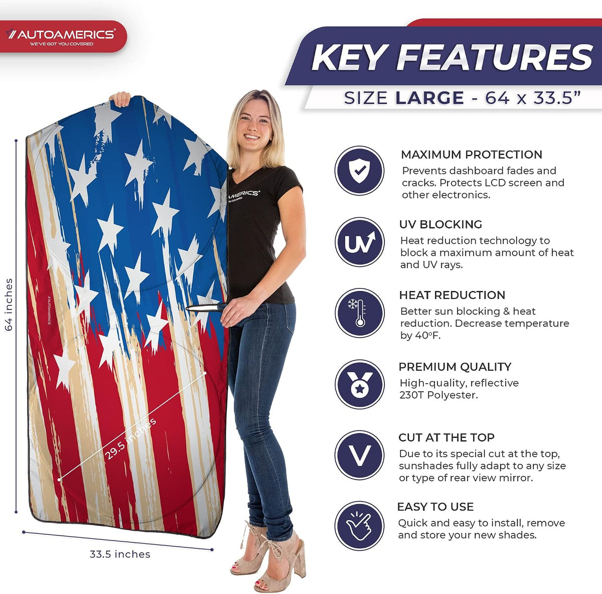 1-Piece Windshield Sun Shade USA Art Flag - 1 American Design - Foldable Car Front Window Sunshade for Most Sedans SUV Truck - Blocks Max UV Rays and Keeps Your Vehicle Cool - Large