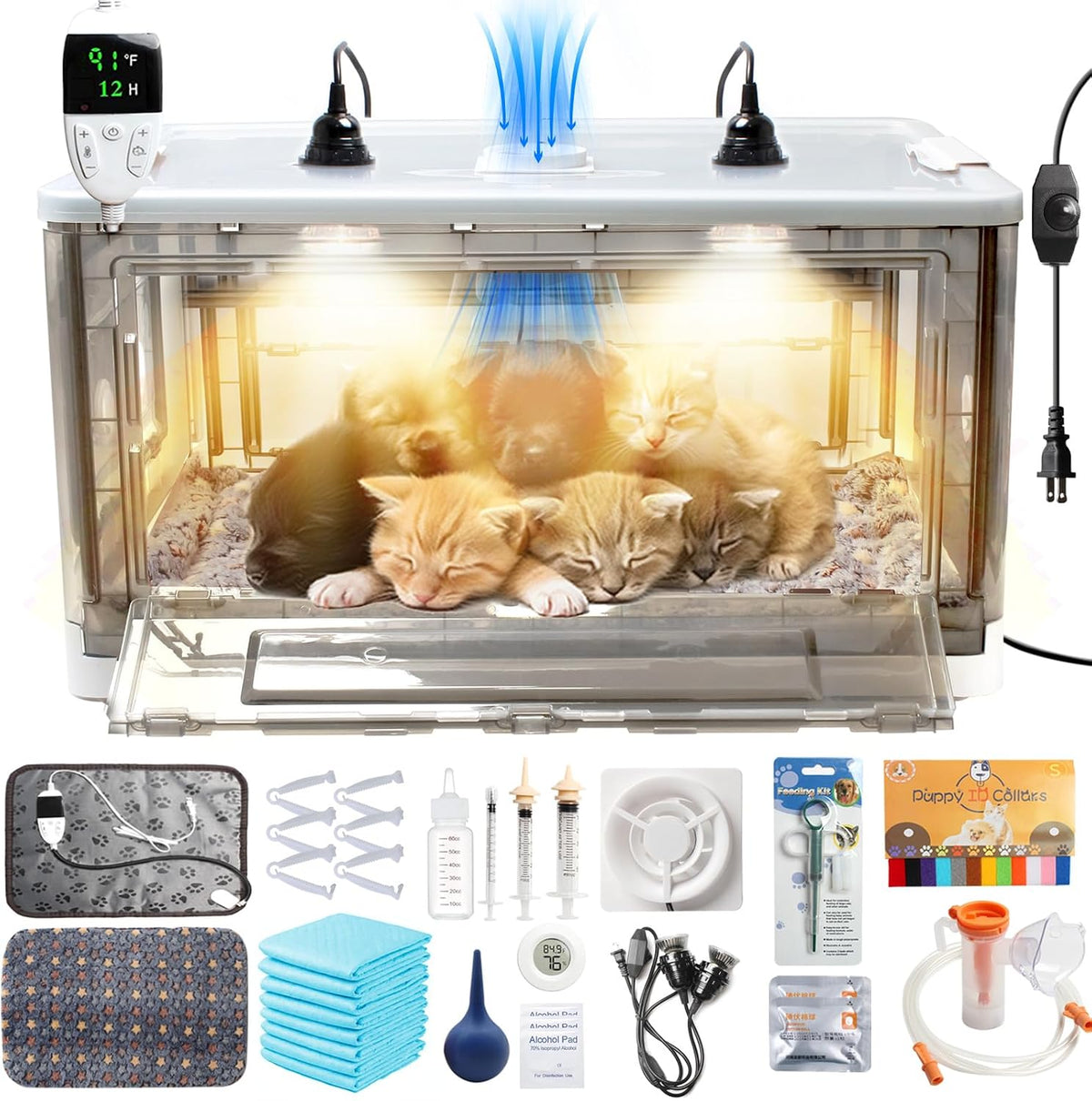 Puppy Incubator with Heating and Fan, Ideal Incubator for Puppies and Kittens, Ensures Good Ventilation and Temperature Control for Newborn Pets (85L)