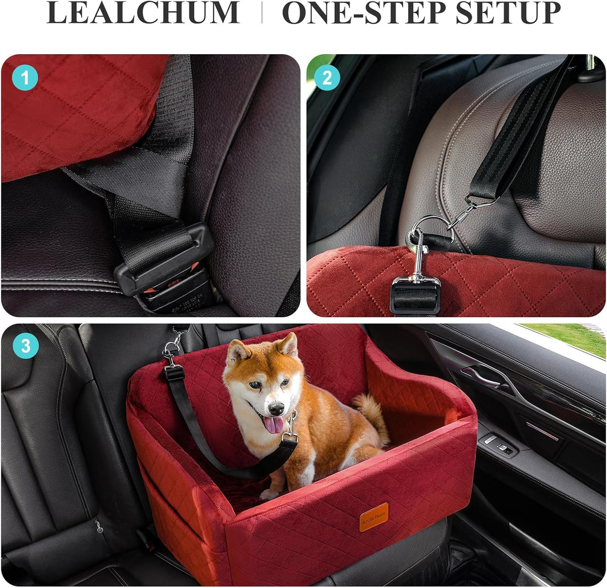 Dog Car Seat for Medium/Large Dogs,2 Clip-On Safety Leashs for 2 Small Dogs,Removable and Washable Comfy Pet Car Seat,Easy to Install and Clean (Red, Large)