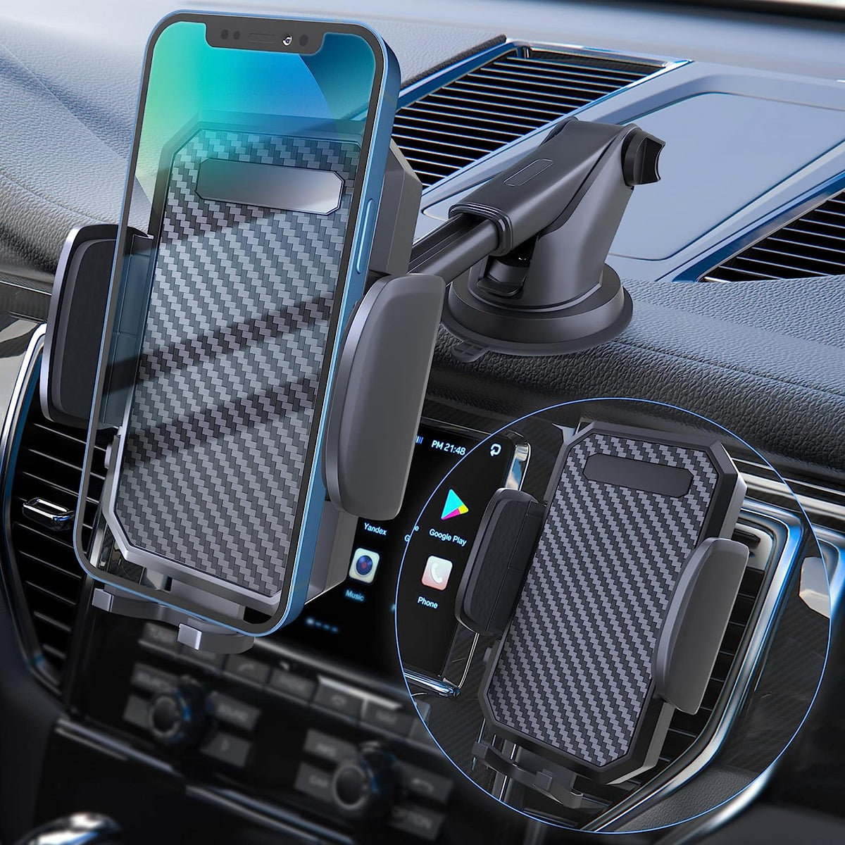 Phone Mount for Car, [ Off-Road Level Suction Cup Protection ] 3In1 Long Arm Suction Cup Holder Universal Cell Phone Holder Mount Dashboard Windshield Vent Compatible with All Smartphones