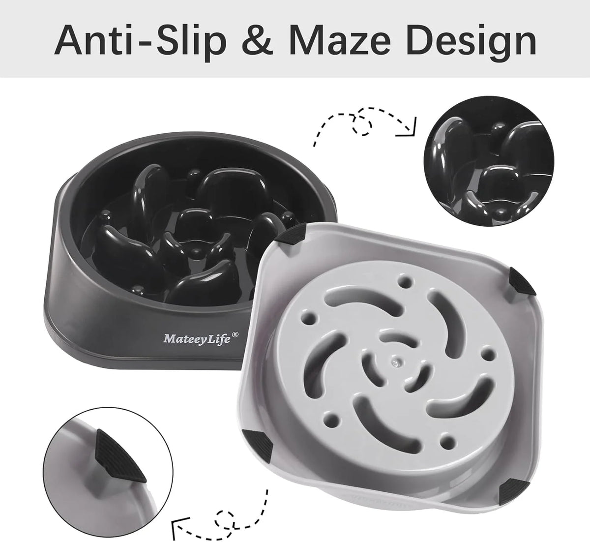 Slow Feeder Dog Bowls 2PCS, Non Slip Cat Food Bowls, Bloat Stop Maze Dishes, Interactive Feeder for All Breeds 2 Cup Gray&Black