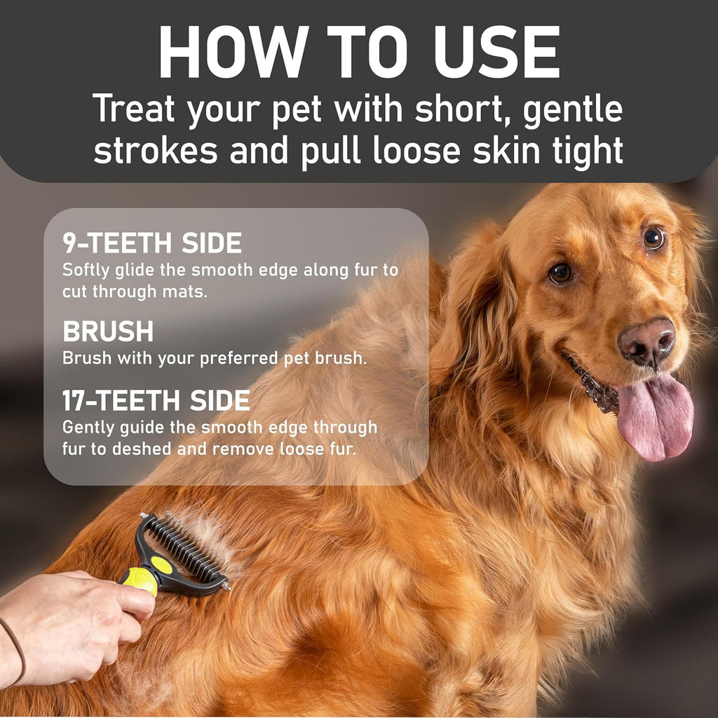 Pet Grooming Brush - Double Sided Shedding, Dematting Undercoat Rake for Dogs and Cats - Extra Wide Dog Grooming Brush - Yellow