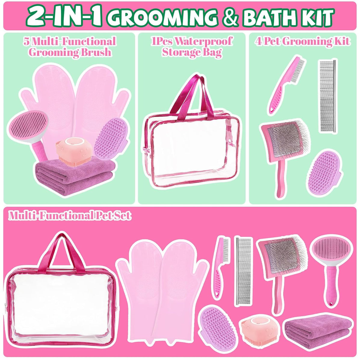 8PCS Dog Slicker Brush for Dogs Grooming Kit,Bath Grooming Kit for Pets,Hair Brush Set with Towel,Washing Gloves,Slicker Comb,And Shampoo Scrubber Brush for Small and Large Dogs and Cats Cats(Pink)