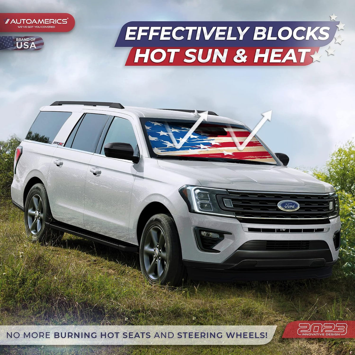 1-Piece Windshield Sun Shade USA Art Flag - 1 American Design - Foldable Car Front Window Sunshade for Most Sedans SUV Truck - Blocks Max UV Rays and Keeps Your Vehicle Cool - Large