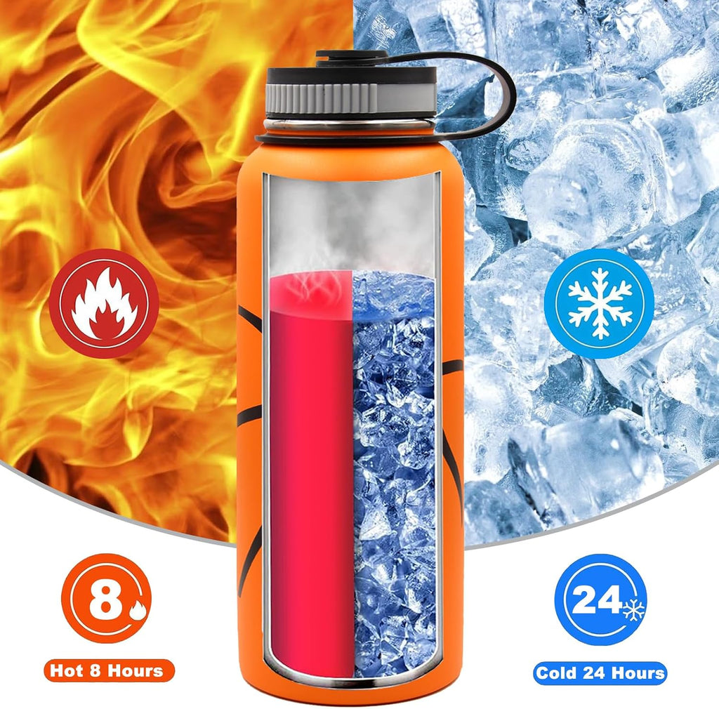 40 Oz Basketball Water Bottle, Stainless Steel Vacuum Insulated Water Bottle with Straw and 2 Lids, Wide Mouth BPA Free Double Wall Leak Proof Flask for Sports, Travel, Gym, School