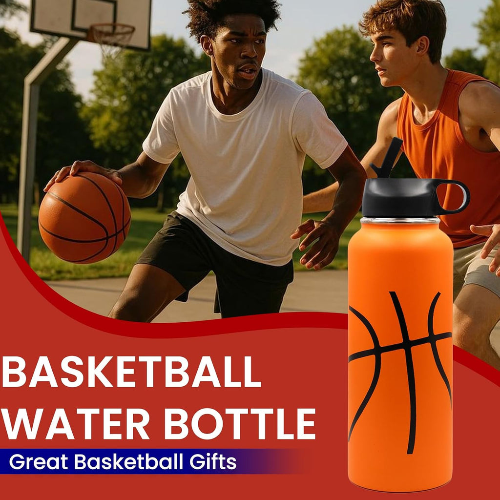40 Oz Basketball Water Bottle, Stainless Steel Vacuum Insulated Water Bottle with Straw and 2 Lids, Wide Mouth BPA Free Double Wall Leak Proof Flask for Sports, Travel, Gym, School