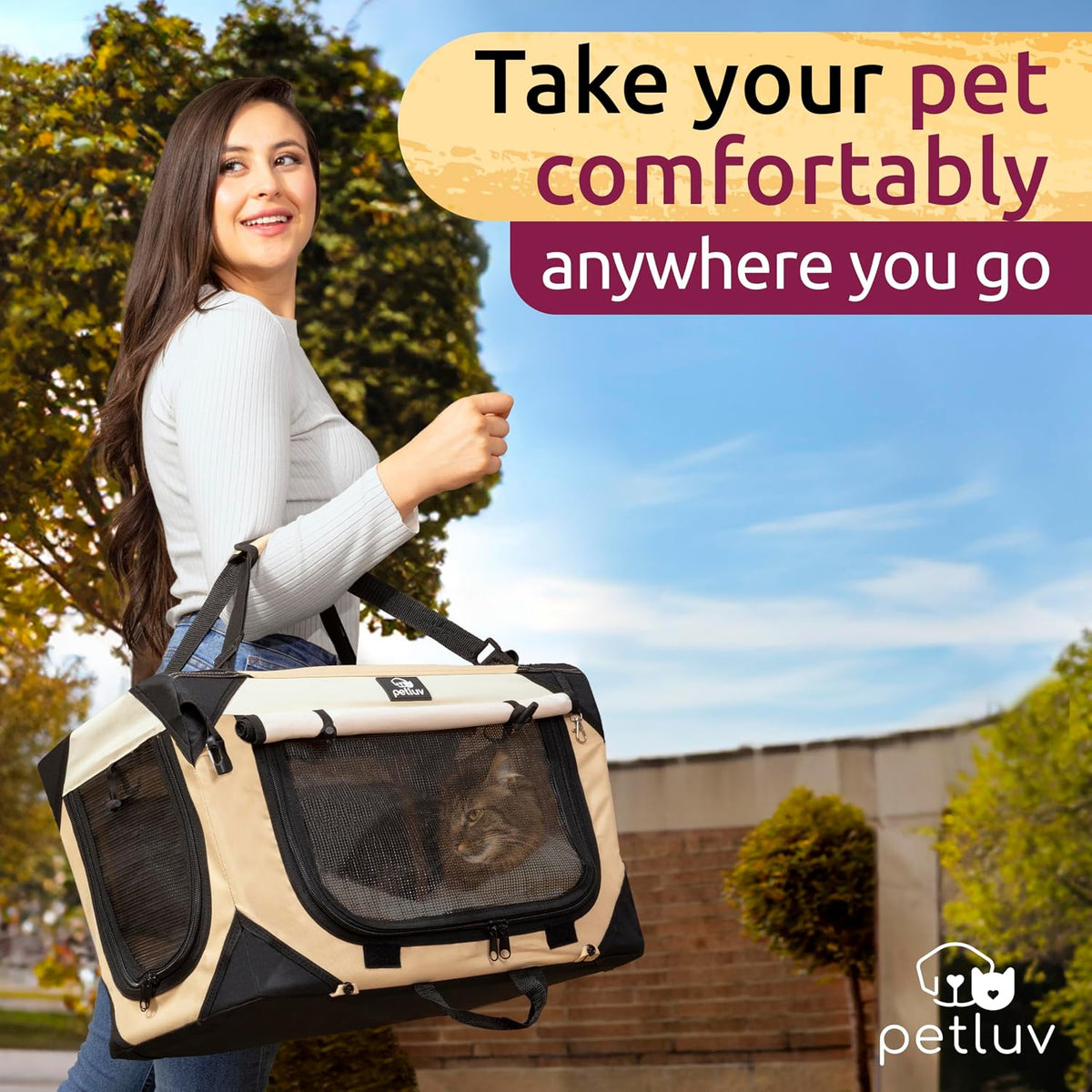 Cat & Dog Carrier, Fits Most Cats or Small Dog Comfortably, Medium, Tan