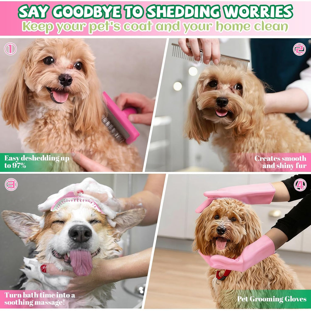 8PCS Dog Slicker Brush for Dogs Grooming Kit,Bath Grooming Kit for Pets,Hair Brush Set with Towel,Washing Gloves,Slicker Comb,And Shampoo Scrubber Brush for Small and Large Dogs and Cats Cats(Pink)