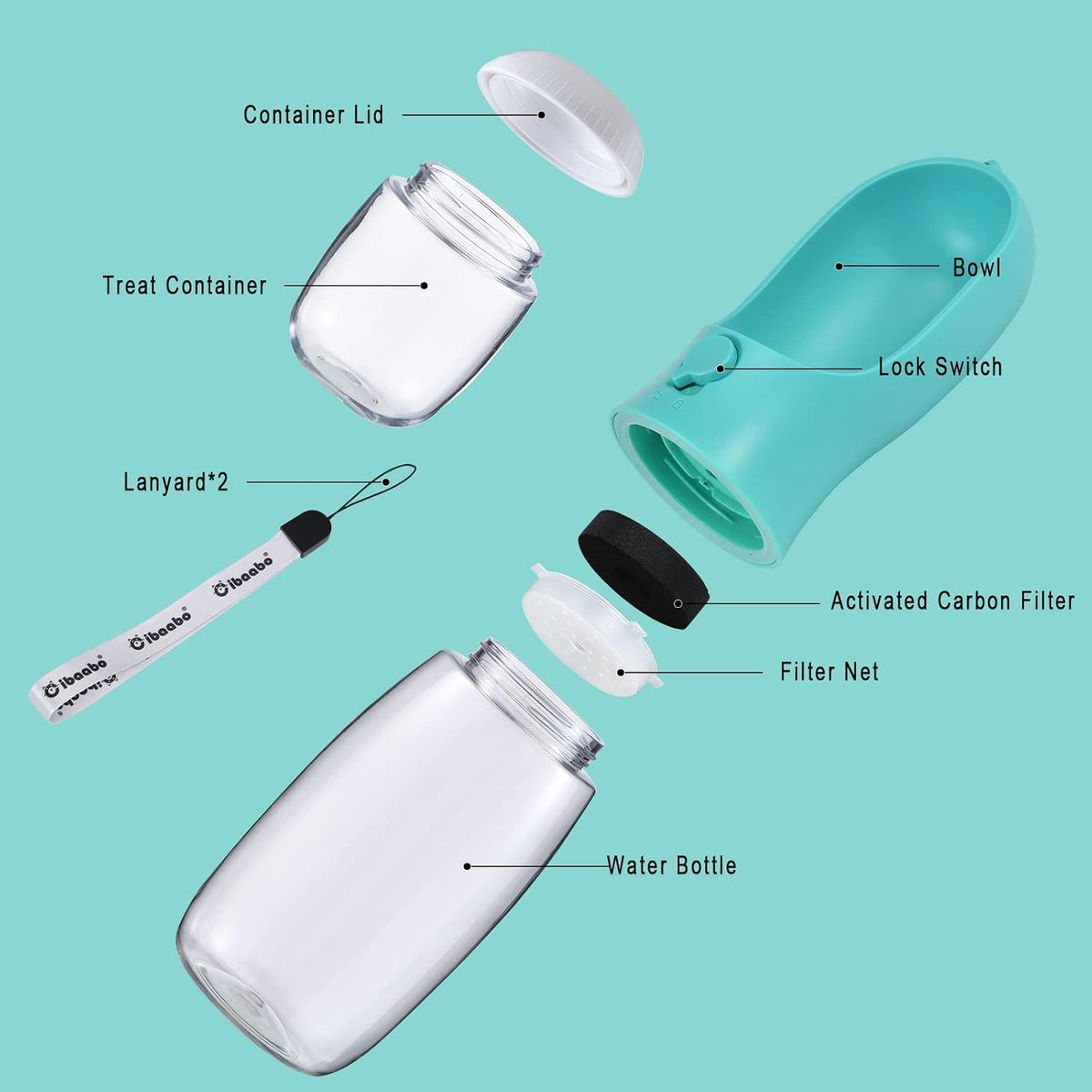 Dog Water Bottle Portable with Food Container & Filter for Travel