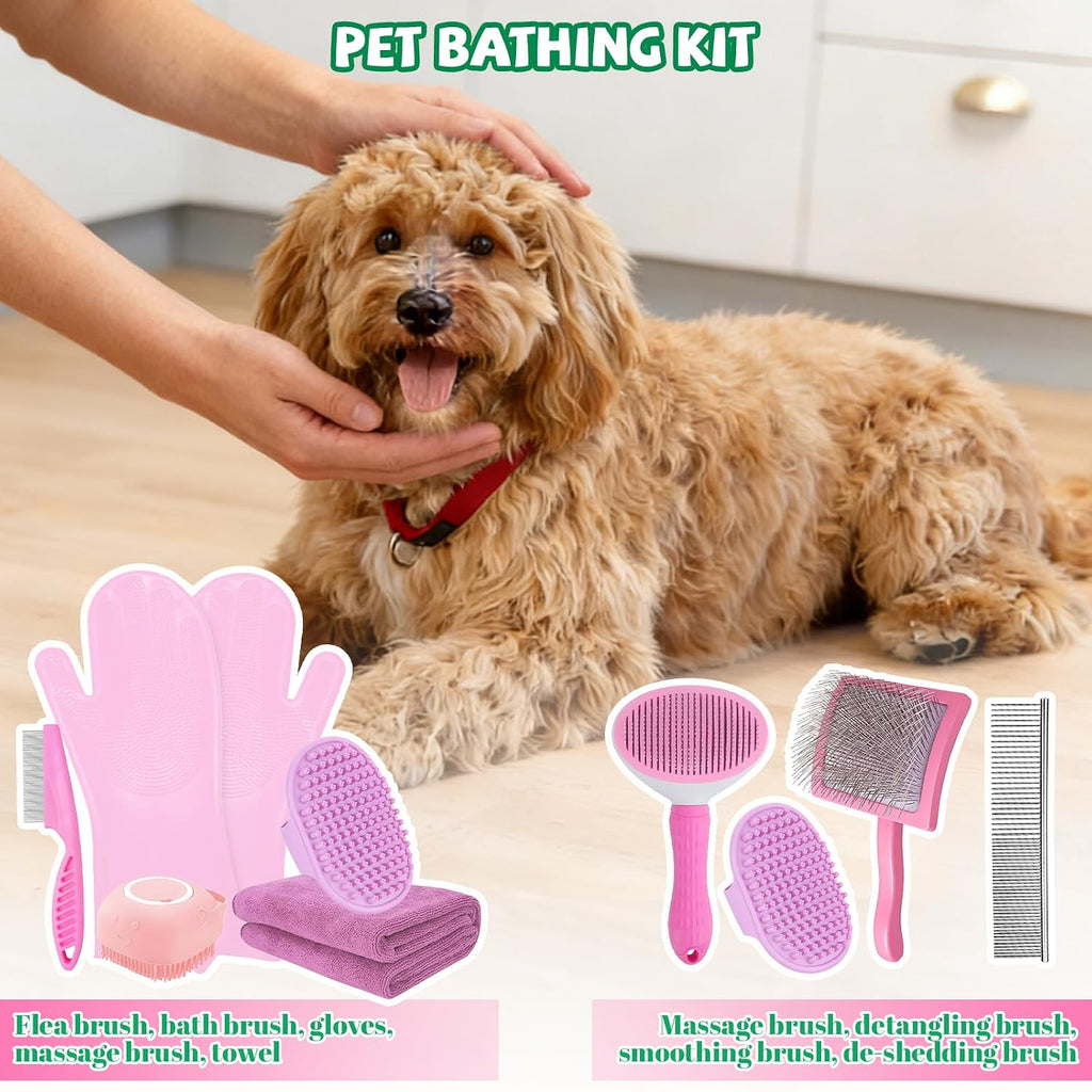 8PCS Dog Slicker Brush for Dogs Grooming Kit,Bath Grooming Kit for Pets,Hair Brush Set with Towel,Washing Gloves,Slicker Comb,And Shampoo Scrubber Brush for Small and Large Dogs and Cats Cats(Pink)