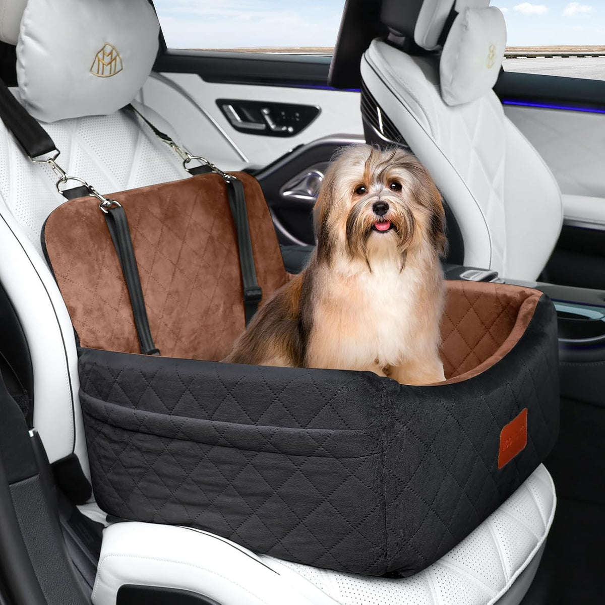 Dog Car Seat for Small Dogs under 30Lbs,Ultra Soft Fabric & Memory Foam Pet Travel Car Bed,Washable & Detachable,Anti-Slip Bottom,2 Storage Pockets and Safety Tethers(Black/Brown)