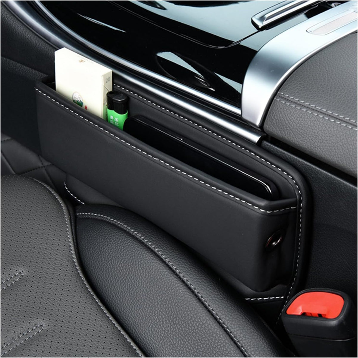 Car Seat Gap Organizer, Premium Leather Auto Seat Storage Box, Vehicle Adjustable Front Seat Gap Filler, Car Seat Side Pocket Organizer for Phones, Glasses, Keys, Money, Cards (Black)