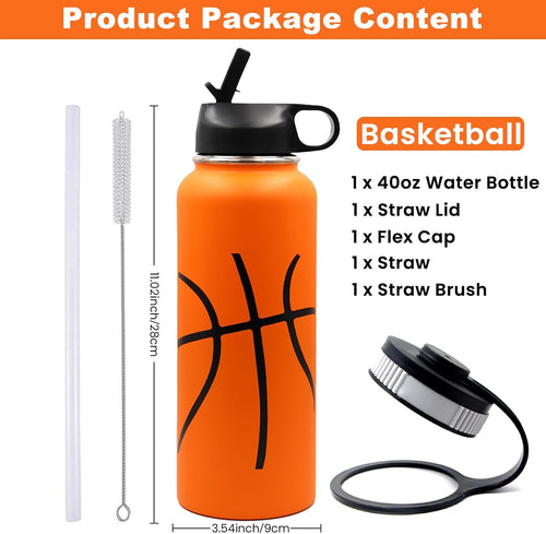 40 Oz Basketball Water Bottle, Stainless Steel Vacuum Insulated Water Bottle with Straw and 2 Lids, Wide Mouth BPA Free Double Wall Leak Proof Flask for Sports, Travel, Gym, School